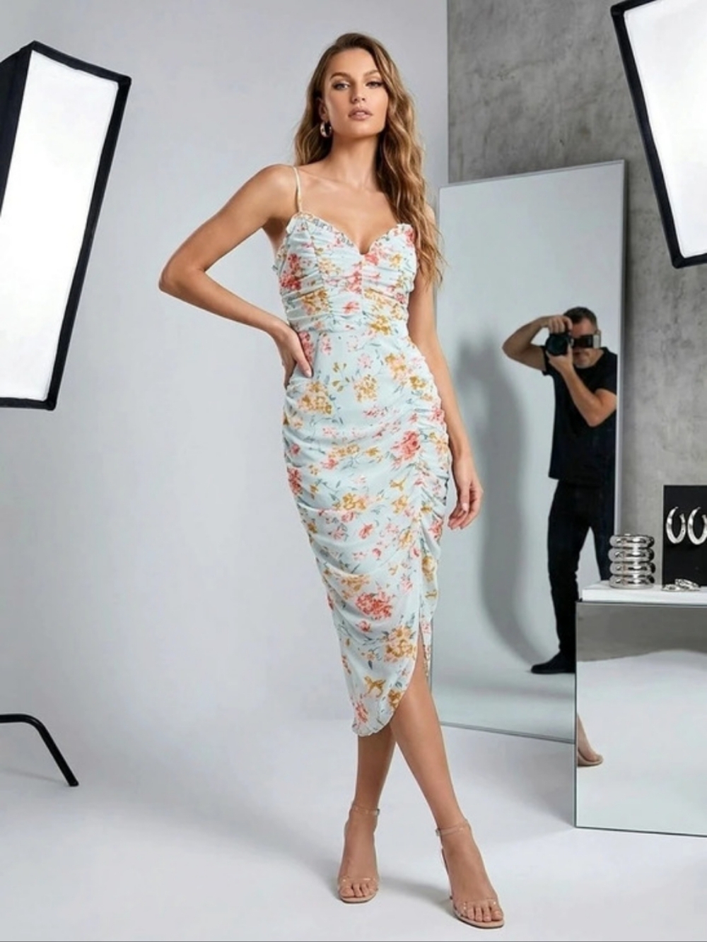 Angel Biba Floral Ruched Midi Dress in Blue & Red Size Large